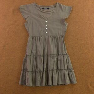 Fashion Womens Small Olive Green Tiered Flutter Sleeve V-Neck Mini Dress